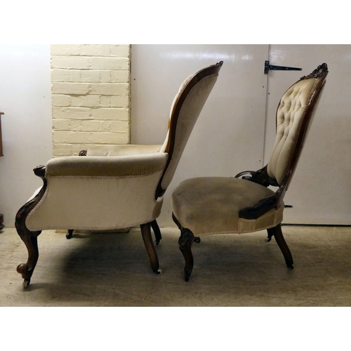 139 - A pair of late Victorian, carved walnut, showwood framed salon chairs, upholstered in mushroom colou... 