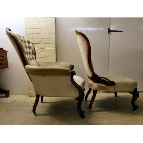 139 - A pair of late Victorian, carved walnut, showwood framed salon chairs, upholstered in mushroom colou... 