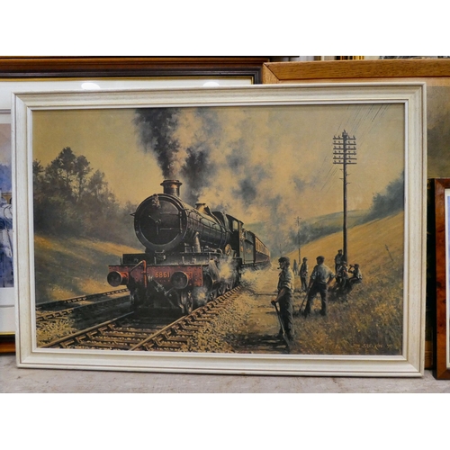 29 - Nine locomotive themed pictures and prints  some bearing signatures  largest 19