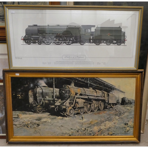 29 - Nine locomotive themed pictures and prints  some bearing signatures  largest 19