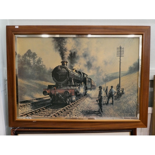 29 - Nine locomotive themed pictures and prints  some bearing signatures  largest 19