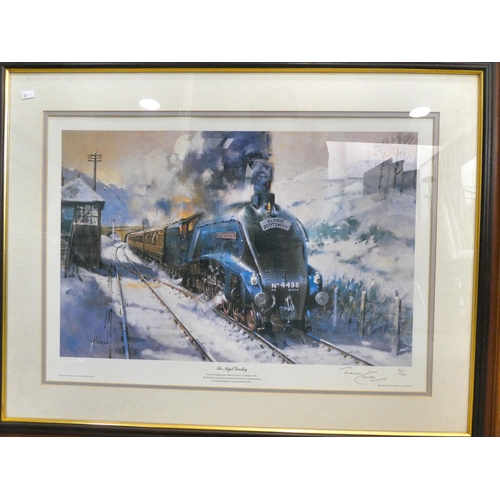 29 - Nine locomotive themed pictures and prints  some bearing signatures  largest 19