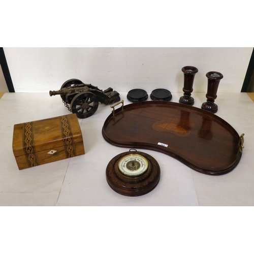 344 - A mixed lot: to include an Edwardian shell marquetry kidney shaped twin handled serving tray  2... 