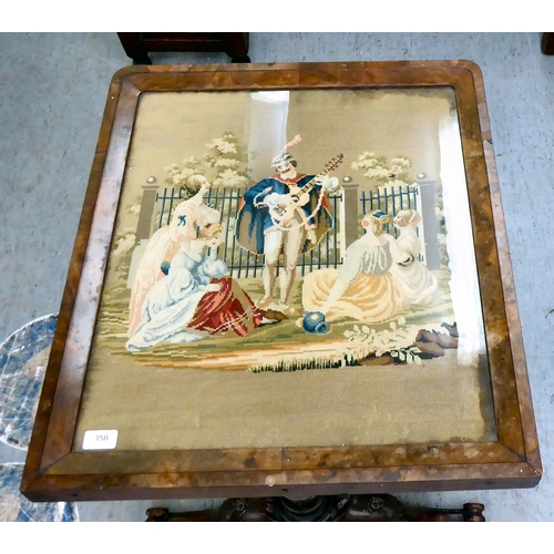 350 - A Victorian mahogany occasional table, the top set with a matched framed tapestry, raised on opposin... 