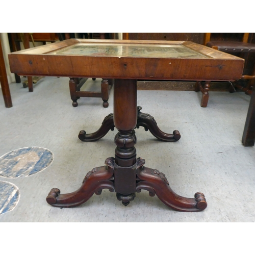 350 - A Victorian mahogany occasional table, the top set with a matched framed tapestry, raised on opposin... 