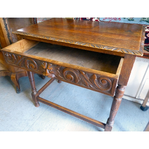 358 - A late Victorian oak hall table with a carved border and lion mask handle to the frieze drawer, rais... 