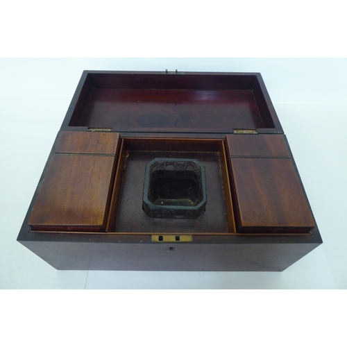 378 - An early 19thC mahogany tea casket with a hinged lid, enclosing two caddies  8