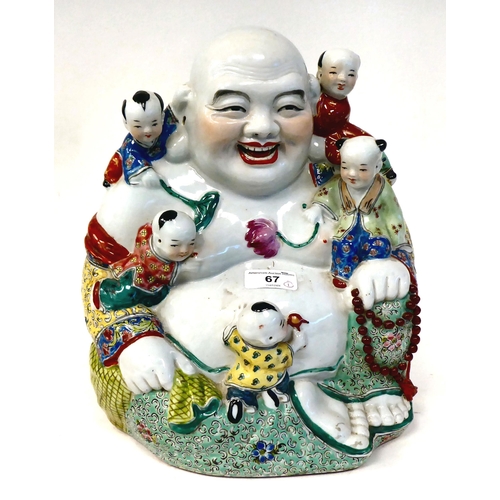 67 - A 20thC Chinese porcelain group, a seated Buddha with five children  bears a seal stamp  11