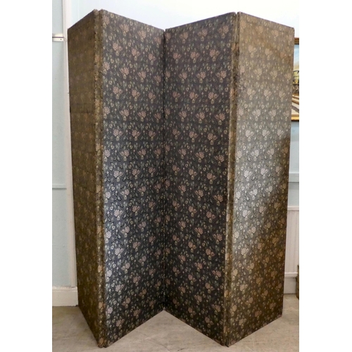 83 - A Edwardian four folding room screen, finished in floral patterned fabric, on a grey ground  77... 