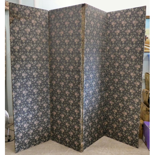 83 - A Edwardian four folding room screen, finished in floral patterned fabric, on a grey ground  77... 