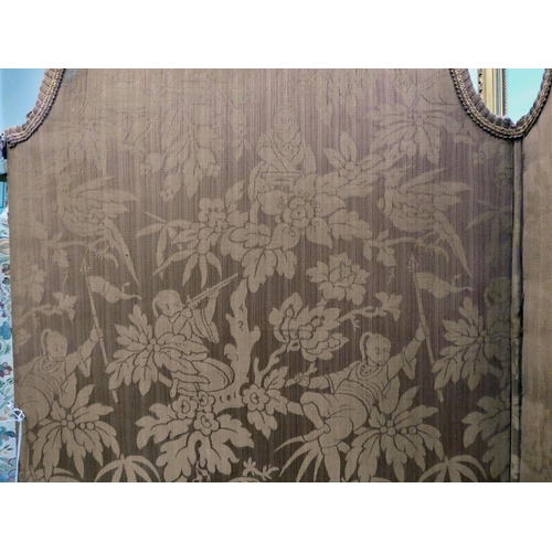 93 - A late 19th/early 20thC four fold arched room screen, finished in Orientally inspired, printed fabri... 