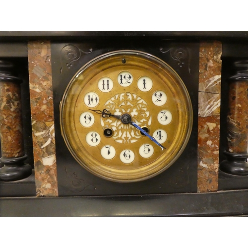 105 - A late 19thC black slate and marble mantel clock of architectural form; the gong strike movement fac... 