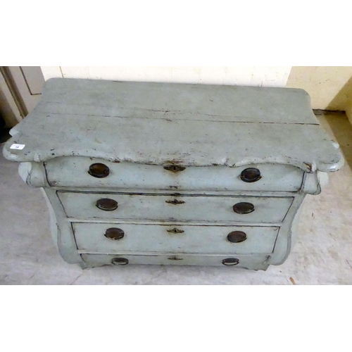 18 - A late 19thC blue shabby chic painted, three drawer bombe front commode, raised on bracket feet ... 