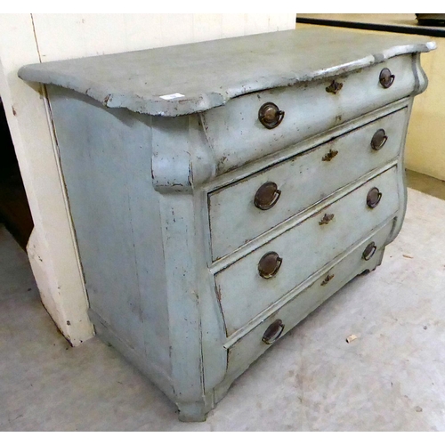 18 - A late 19thC blue shabby chic painted, three drawer bombe front commode, raised on bracket feet ... 