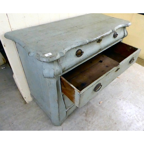 18 - A late 19thC blue shabby chic painted, three drawer bombe front commode, raised on bracket feet ... 