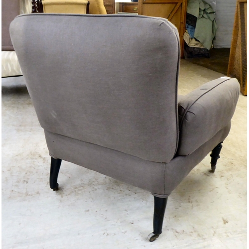 30 - An early 20thC and later fabric upholstered bedroom chair, raised on turned forelegs and casters