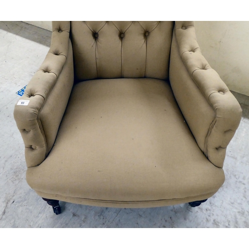 60 - An early 20thC and later fabric upholstered, enclosed arm salon chair, raised on turned forelegs and... 