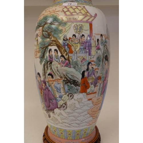 78 - Three 20thC Chinese porcelain vases on stands, each decorated with figures in a landscape  one ... 