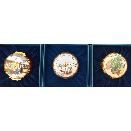 431 - Seven Bilston and Battersea Christmas enamel patch boxes: to include '1974' '1979' and '1977'