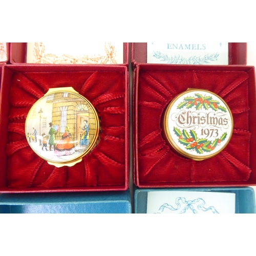 431 - Seven Bilston and Battersea Christmas enamel patch boxes: to include '1974' '1979' and '1977'