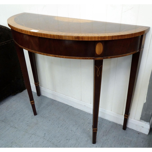 408 - A modern reproduction of a Georgian crossbanded string inlaid D-end console table, raised on square,... 