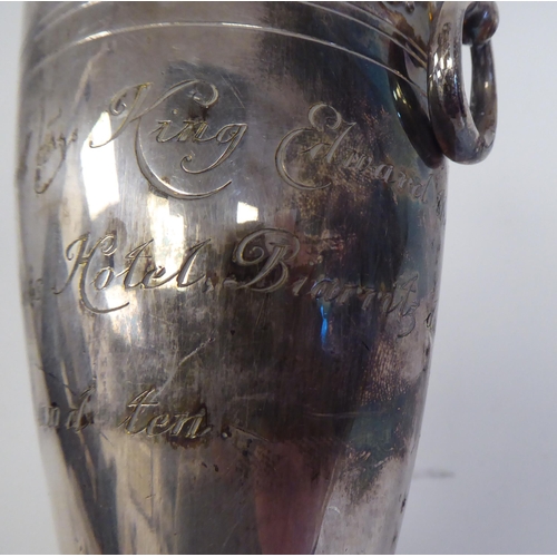 65 - A Cristoffle plated, twin handled vase, inscribed as 'used by King Edward VII at the Pabis Hotel, Bi... 