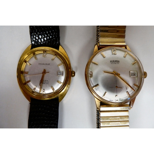 79 - Two gold plated stainless steel wristwatches, viz. a Roamer Incabloc, faced by an Arabic and baton d... 