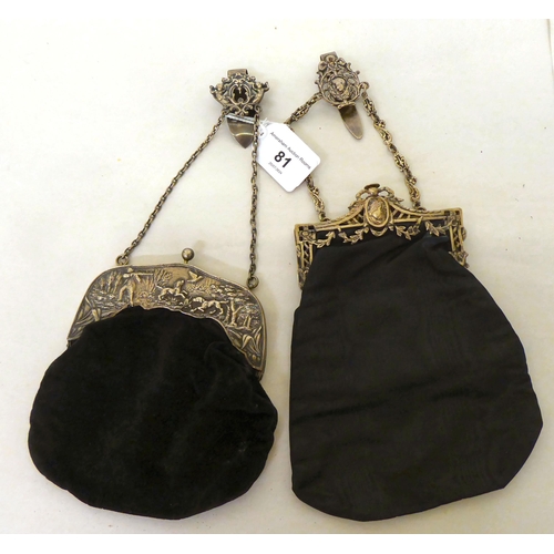 81 - Two similar Edwardian silver framed evening purses with belt clips  mixed marks 