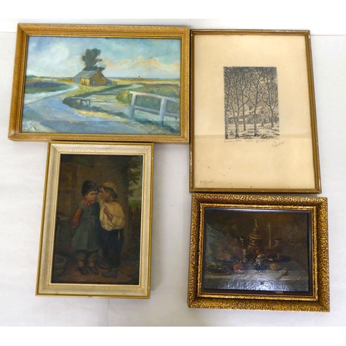 90 - Four framed pictures: to include a still life study, objects on a table  oil on board  bea... 