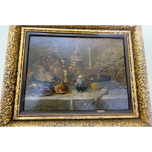 90 - Four framed pictures: to include a still life study, objects on a table  oil on board  bea... 