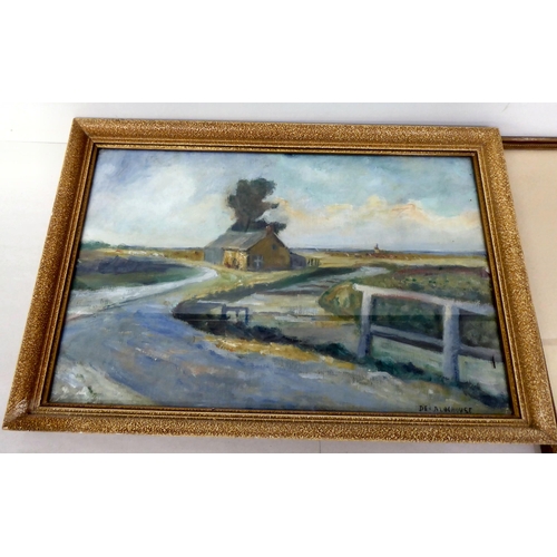 90 - Four framed pictures: to include a still life study, objects on a table  oil on board  bea... 