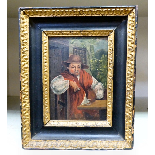 109 - A 19thC half-length portrait miniature, a seated artisan outside an alehouse  4.5