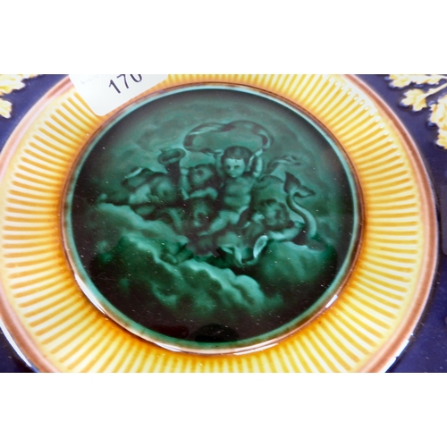 170 - A Wedgwood majolica comport, the octagonal plate featuring cavorting cherubic figures within a wide ... 