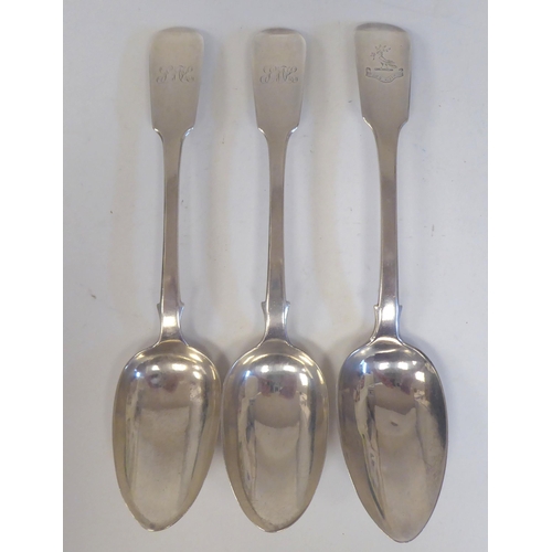 212 - Three Victorian silver fiddle pattern table spoons  mixed assays