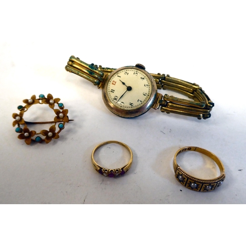 235 - Gold and yellow metal items of personal ornament: to include a late Victorian 15ct ring, set with fo... 