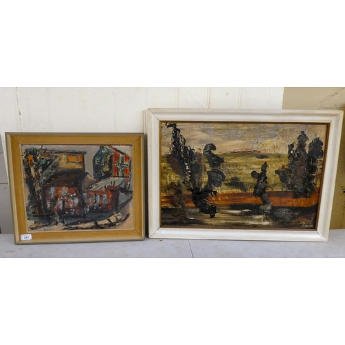 253 - Two post 1950s oil on board, viz. a street scene  bears indistinct text  12