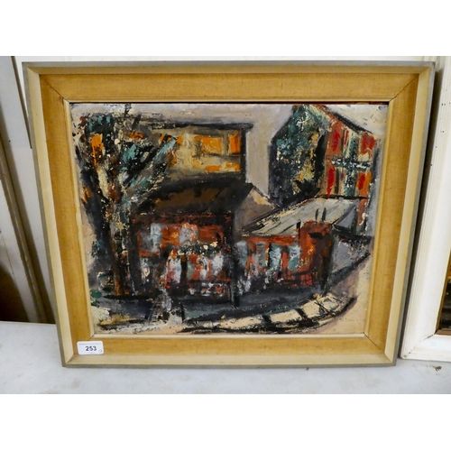 253 - Two post 1950s oil on board, viz. a street scene  bears indistinct text  12