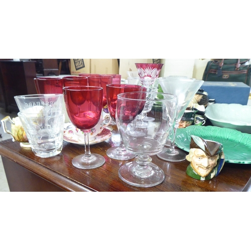 256 - Ceramics and glassware: to include clear and cranberry coloured glass pedestal wines; and Cabbage Le... 