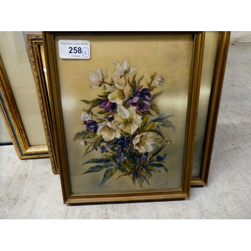 258 - Framed pictures and prints: to include DEH - two floral studies  watercolours  bears initi... 