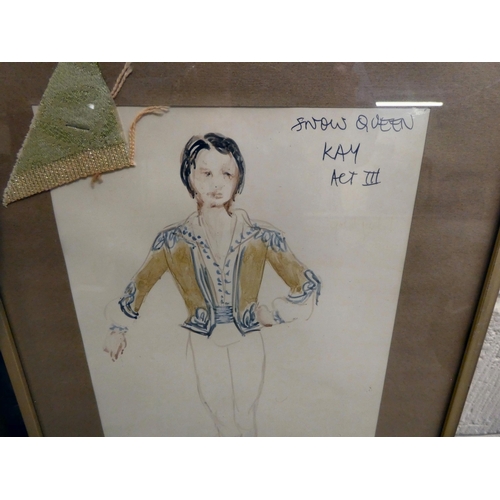 284 - Two theatrical costume design drawings and fabric swatches  8