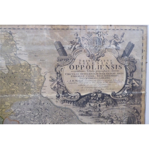 287 - A 17th/18thC coloured map 'Principatvs Silesiae Oppoliensis Circvos Oppoliens Ober-Glogav Gros Streh... 