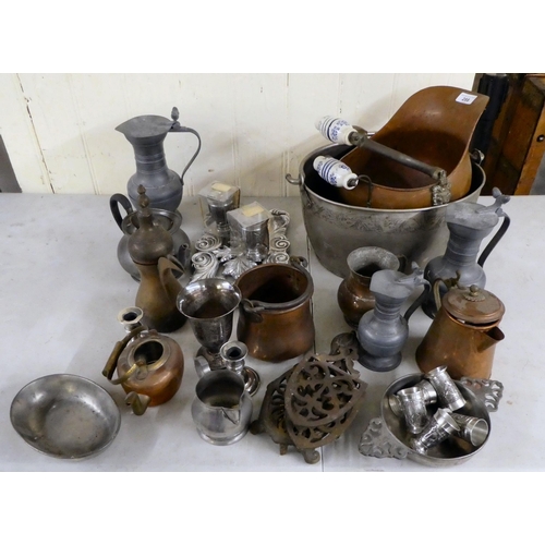 288 - 19thC and later pewter and other metalware: to include iron stands; coal buckets; and flagons