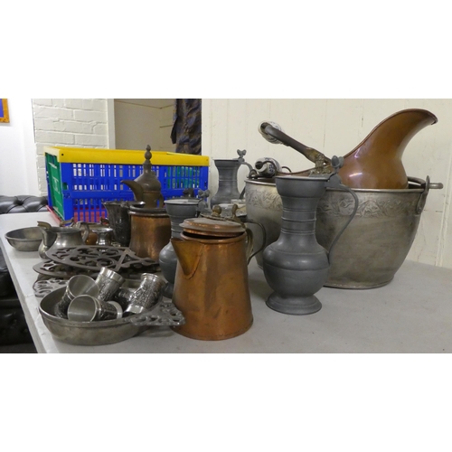 288 - 19thC and later pewter and other metalware: to include iron stands; coal buckets; and flagons