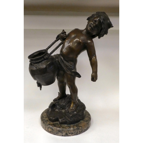 44 - Auguste Moreau - a cast and patinated bronze, a young boy struggling with a broken water pot  bears ... 