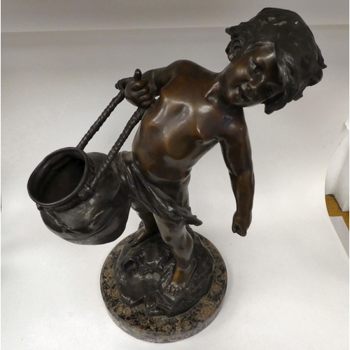 44 - Auguste Moreau - a cast and patinated bronze, a young boy struggling with a broken water pot  bears ... 