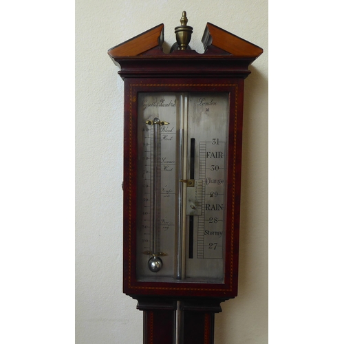 57 - An Edwardian Negretti & Zambra chequered string inlaid, mahogany cased stick barometer, the brok... 