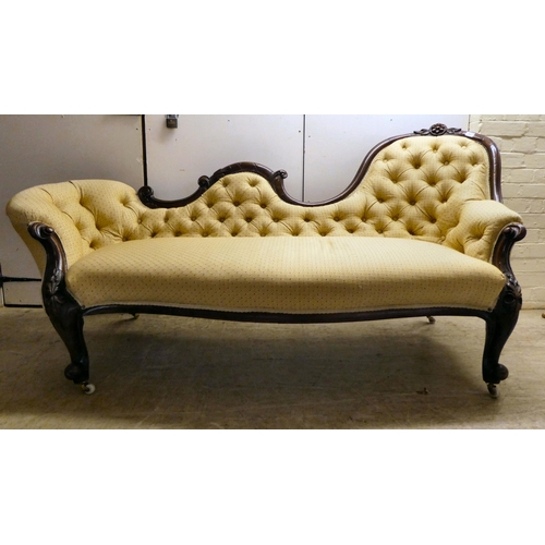 62 - A late Victorian walnut framed chaise longue, button upholstered in beige fabric, raised on cabriole... 