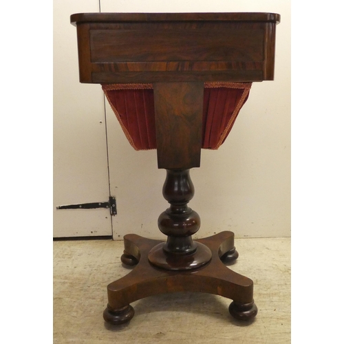 65 - An early Victorian rosewood sewing table with two drawers and a wool basket, raised on a pedestal ba... 