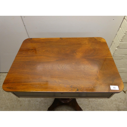 65 - An early Victorian rosewood sewing table with two drawers and a wool basket, raised on a pedestal ba... 