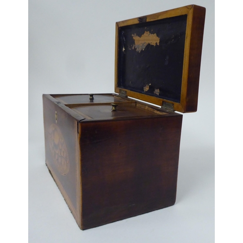 76 - An early 19thC satin mahogany, boxwood string inlaid and shell marquetry tea casket with straight si... 